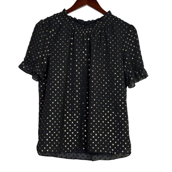 J. Crew Metallic Polka Dot Flowy Short Sleeve Baby Doll Blouse XS Black Gold - Picture 1 of 16